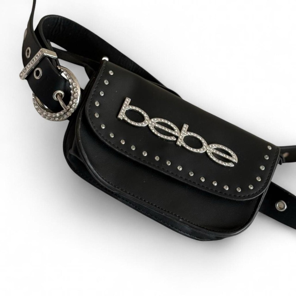 Bebe Black Belt Bag with Rhinestone Accents